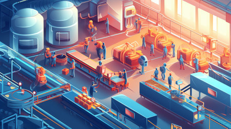 Generative AI Canning Factory Working Process. Production of Canned Vegetables. Workers Put Fresh Veggies and Greens to Tins on Conveyor Belt. Farmers Products Manufacture Industry. Cartoon Flat Vector Illustrationの素材