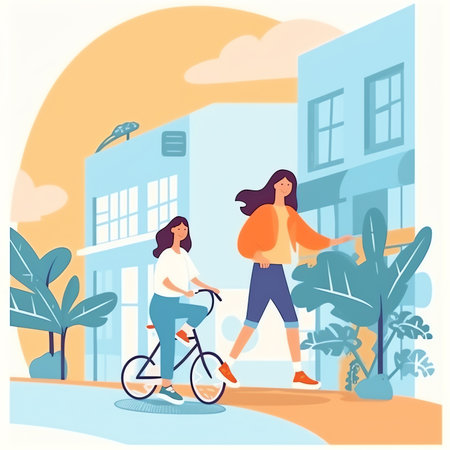 Generative AI Active people outdoor in the park. Man and woman characters riding bicycle. Running girl healthy lifestyle, roller skates, fitness, jogging. Vector illustrationの素材