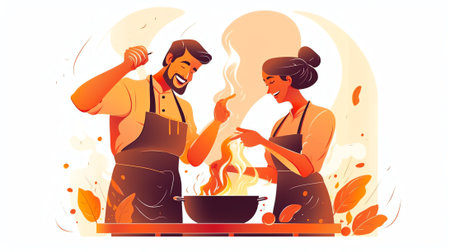 Generative AI Couple Cooking Fresh Salad Outdoor. Husband and Wife Prepare Dinner Together. Man With Pan and Woman With Bowl Character Eat Vegetable. Happy Family Flat Cartoon Vector Illustrationの素材