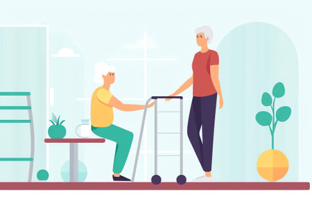 Generative AI Help Old Disabled People in Nursing Home. Social Worker Community Care of Sick Seniors on Wheelchair, Skilled Nurse Residential Healthcare, Physical Therapy Service. Cartoon Flat Vector Illustrationの素材