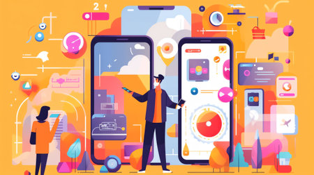 Generative AI Man Customer Sale Shopping Mobile App Page Onboard Screen Set. Woman Character Buy Big Commercial Discount Gift Concept for Website or Web Page. Flat Cartoon Vector Illustrationの素材