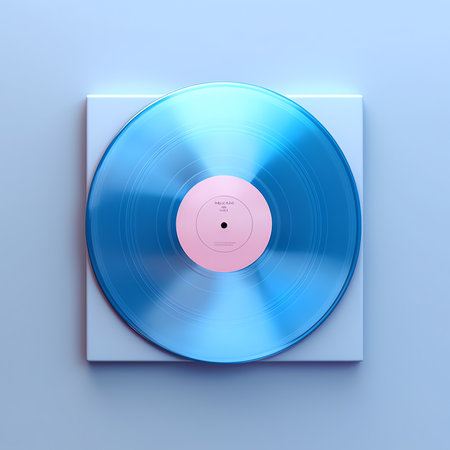 Generative AI Retro Music Vinyl Record Top and Side View, Musical Notes. Blue Audio Disc with Red Label for Vintage Gramophone Sound Player, Round Plate Isolated on White Background. Cartoon Vector Illustrationの素材