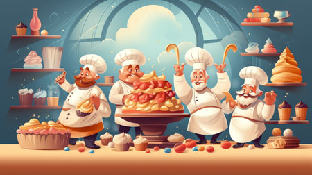 Generative AI Bread Cake Production Machine Set. Sweet Pastry Bake Process Industry Equipment Collection with Business Character Worker. Dough in Modern Manufacture Flat Cartoon Vector Illustrationの素材