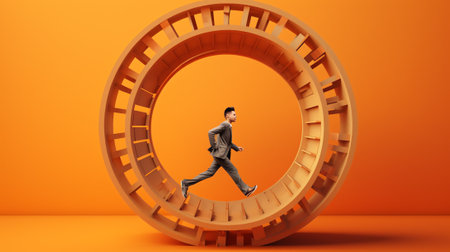 Generative AI Looping Life and Daily Routine Work Concept. Tired Stressed Business People Running inside of Huge Hamster Wheel. Useless Effort, Rat Race, Team Work Cooperation. Cartoon Flat Vector Illustrationの素材