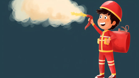 Generative AI Electrical Safety Firefighter Fight with Blaze Concept. Male Character with Extinguisher Put Out Fire with Foam. Short Circuit, Overload Electrical Connection, Flame. Cartoon Vector Illustrationの素材