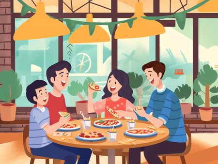 Generative AI Pizzeria Bistro Website Landing Page, Tiny People Eating Huge Pizza, Cut with Knife, Put Ketchup and Cheese, Italian Food. Fast Food, Cafe, Visitors, Web Page. Cartoon Flat Vector Illustration, Bannerの素材