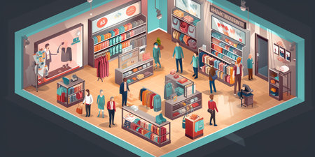 Generative AI Isometric Shopping Mall Interior with Parking Floor Boutique and Clothes Store. Vector illustrationの素材