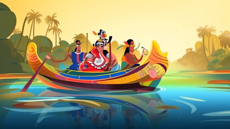 Generative AI Fishermen Working on Fishery Industry on Large Boat Ship Catching Fish and Pulling Fishing Net from Sea, Summertime Hobby, Fishing Industry, Profession Occupation. Cartoon Flat Vector Illustrationの素材