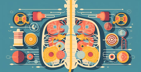 Generative AI Man Coughing near Huge Diseased Lungs, Pulmonology Inspection, Respiratory System Examination Healthcare and Tuberculosis Treatment Concept. Respiratory Problems. Cartoon Flat Vector Illustrationの素材