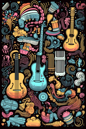 Generative AI Musical Doodle with Music Instruments. Teenager Lifestyle Stickers, Badges and Patches. Vector illustrationの素材