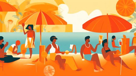 Generative AI People on City Beach Set. Male and Female Characters Spending Time on Tropical Seaside, Lounging on Hammock, Drinking Coconut, Buying Juice and Fruits, Playing Ukulele Cartoon Flat Vector Illustrationの素材