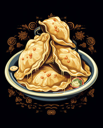 Generative AI Georgian Cuisine Traditional Food with Khinkali. Hand Drawn vector doodleの素材