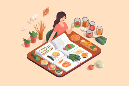 Generative AI Ketogenic Diet Concept. Characters Set Up Pyramid of Selection of Good Fat Sources, Balanced Low-carb Food Vegetables, Fish, Meat, Cheese, Nuts on Healthy Eating. Cartoon Flat Vector Illustrationの素材