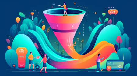 Generative AI Conversion Rate Optimization, Funnel Marketing Concept. Tiny Female Character with Laptop Sitting on Huge Sales Funnel. Digital Marketing Lead Generations Strategy. Cartoon Vector Illustrationの素材