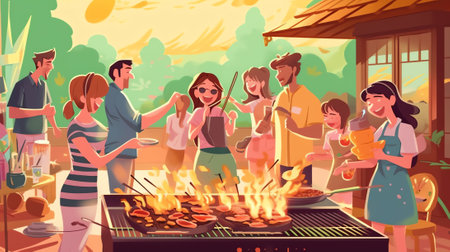 Generative AI Volunteers Serving Food to Homeless People. Young Man and Woman Wearing Chief Uniform Aprons Pouring Warm Food to Plate for Beggars. Night Shelter Emergency Housing. Cartoon Flat Vector Illustrationの素材