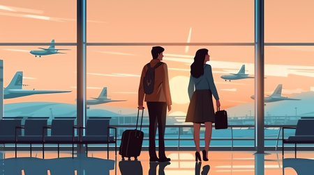 Generative AI Tiny Male and Female Characters Circle Date on Huge Calendar, Travelers Booking Flight for Abroad Traveling Destination. Man Holding Tickets on Airplane Boarding. Cartoon People Vector Illustrationの素材