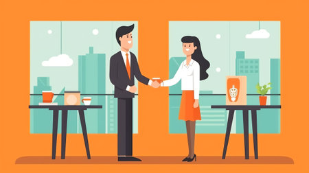 Generative AI Company Hiring Manager Welcoming New Employee. Business Man Character Greeting Applicant with Work Appointment. Businessman Shaking Hand to Recruit Girl in Office. Cartoon People Vector Illustrationの素材