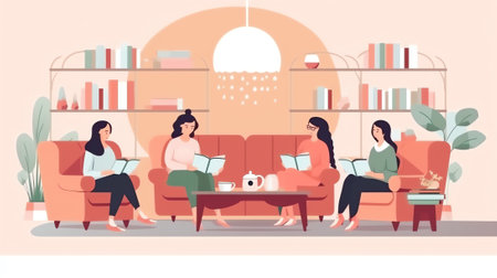 Generative AI Group Therapy, Psychotherapeutic Meeting, Psychological Aid for Women. Female Characters Sit on Chairs in Circle and Talking to Each Other with Doctor Assistance. Cartoon People Vector Illustrationの素材