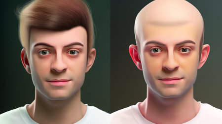 Generative AI Stages of Baldness of Men. Male Characters Head Top and Side View with Hair Grow or Loss Process, Health and Aging Problems, Transplantation Infographics Elements. Cartoon People Vector Illustrationの素材