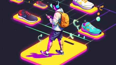 Generative AI Smart Shoes Concept. Tiny Characters Sportsmen and Sportswomen Training in Gym and Outdoors in Sport Sneakers Connected to Smartphone. Walking around Huge Footwear. Cartoon People Vector Illustrationの素材