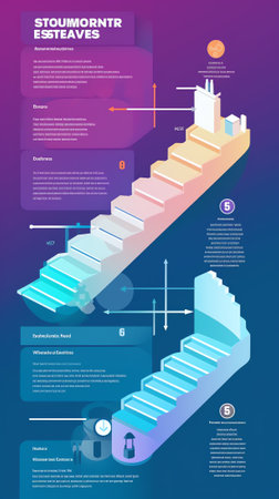 Generative AI Staircases, Wooden and Metal Ladders with Handrails. Wood and Marble Stairs Covered with Green and red Carpet, Spiral Staircase, Store Escalator, Floor to Floor Ladder, Cartoon Vector Isolated Setの素材