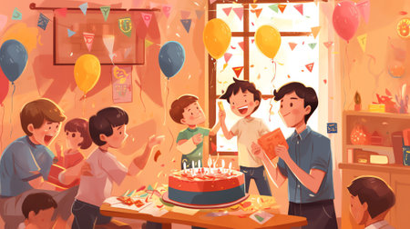 Generative AI Happy Family Decorate Living Room Hanging Garlands and Blow Balloons for Birthday or Holiday Event Celebration. Parents and Kids Characters Prepare for Anniversary. Cartoon People Vector Illustrationの素材