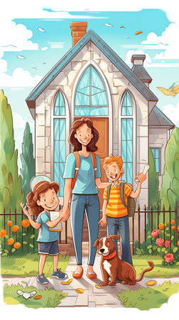 Generative AI Happy Family Play at Home. Children and Parents stand near New House. Father, Mother, Son and Daughter Together Outdoors. Dream Lifestyle Concept. Flat Character Vector Illustrationの素材