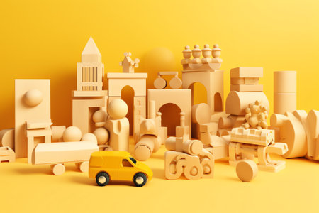 Generative AI Set of Various Wooden Toys Train, Car, Guitar and Sorter, Soraban, Pyramid, Rocking Donkey and Dolls. Wheeled Giraffe, Carpentry Instruments and Trolley with Cube Blocks. Cartoon Vector Illustrationの素材