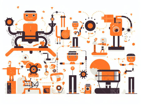 Generative AI Automated assembly line car production concept. Engineer workers in uniform on car factory. Robotic arm working on a automotive conveyor. Vector illustrationの素材