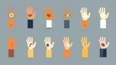 Generative AI Human Hands Greeting Gesturing, Diverse Characters black and White Arms Expressing Emotions with Palms and Fingers Show Thumb Up, Waving, Give Five, Victory. Cartoon People Vector Illustrationの素材
