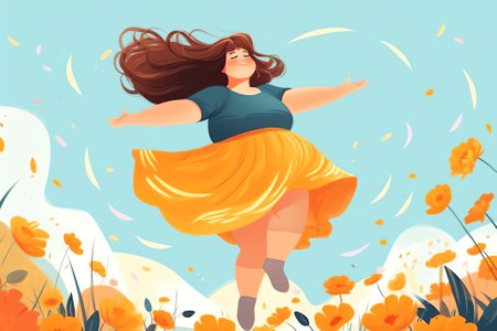 Generative AI Happy Female Character Running with Hands Up, Dancing and Feel Happiness. Woman with Bipolar Disorder in Positive Mood Rejoice and Run Outdoors on Nature Landscape. Cartoon People Vector Illustrationの素材