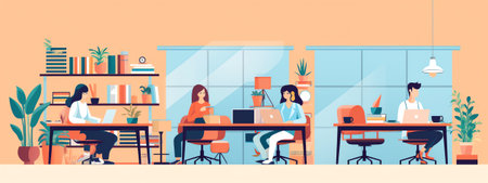 Generative AI Corporate Business Team People Behind Desk. Flat Characters Office Workers. Teamwork Concept. Coworking Space with Man and Woman with Laptop. Vector illustrationの素材