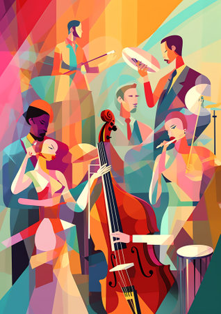 Generative AI Female Singer and Jazz Band Concert. Musician Character with Musical Instrument Contrabass, Saxophone, Piano, Violin Trumpet. Fun Celebration Show Concept. Flat Cartoon Vector Illustrationの素材