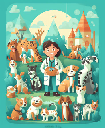 Generative AI Pets Rescue and Protection Concept. Characters Care of Animals, People Adopt Cats, Dogs or Rabbits, Visit Veterinary Clinic, Pets Support, Shelter Adoption and Aid. Cartoon Vector Illustrationの素材