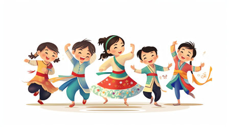 Generative AI Kids Band In Red Uniform Marching on Parade. Happy Girls And Boys Play Festival Music With Drum, Brass Horn, Flute and Tuba, Children March Isolated On White Background. Cartoon Vector Illustrationの素材