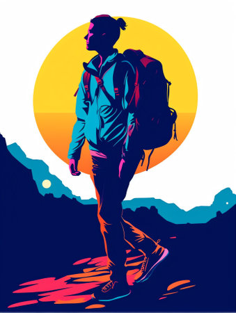 Generative AI Young Woman with Backpack. Female Tourist Backpacker. Pop Art. Vector illustrationの素材