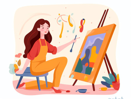 Generative AI Artist Drawing Woman Model Painting at Art Workshop. Man Character Learning Make Portrait Figure Artwork on Easel Canvas. Art School Creative Class for Amateur People Flat Cartoon Vector Illustrationの素材