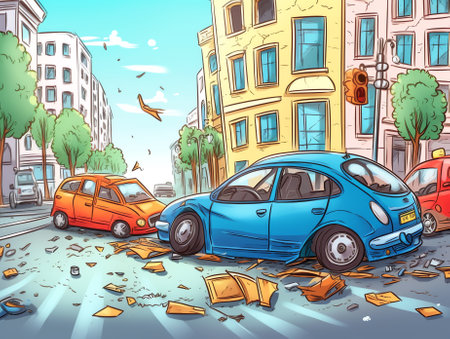 Generative AI Car Accident on Road, Couple of Drivers Male and Female Character Stand on Roadside at Crashed Automobiles. Insurance Situation, Dwellers Suffered in Traffic Jam. Cartoon People Vector Illustrationの素材