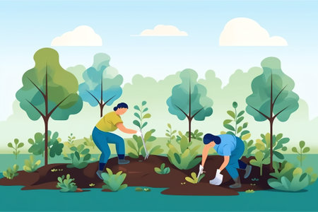 Generative AI Gardeners and Scientists Characters Growing and Caring of Plants in Garden Greenhouse. Gardening People Watering, Planting, Raking Trees, Taking Tests, Seasonal Work Cartoon Flat Vector Illustrationの素材