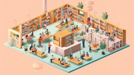 Generative AI Isometric School Interior with Lecture Hall, Library, Dining Room and Classroom. Vector illustrationの素材
