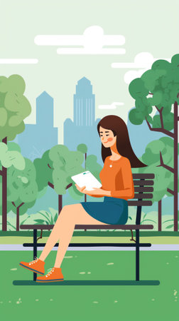 Generative AI Characters Freelance Outside Work, Selfemployment Concept. Man or Woman Freelancers Sitting in City Park or Garden Working Distant on Laptop. Creative Self Employed People. Cartoon Vector Illustrationの素材