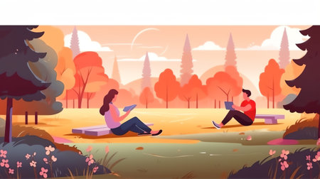 Generative AI City Park with Yoga Mats on Grass, Urban Garden Place for Meditation and Outdoor Sport, Summer Landscape Background, Empty Public Area for Recreation With Trees and Lawn. Cartoon Vector Illustrationの素材