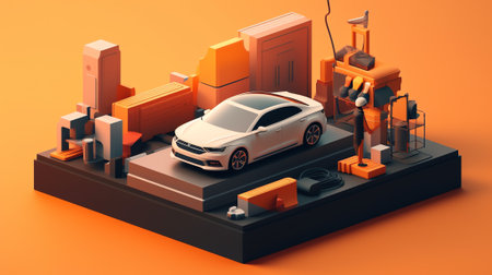 Generative AI Car Wheel Rubbish Recycling Website Landing Page. Men Put Used Automotive Tires on Conveyor Belt to Grind on Small Pieces for Making Rubber Products Web Page Banner. Cartoon Flat Vector Illustrationの素材