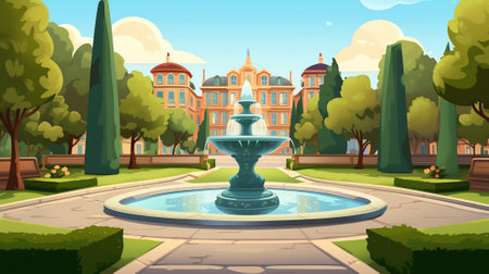 Generative AI City Park with Yoga Mats on Grass, Urban Garden Place for Meditation and Outdoor Sport, Summer Landscape Background, Empty Public Area for Recreation With Trees and Lawn. Cartoon Vector Illustrationの素材