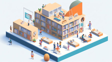 Generative AI Isometric School Interior with Lecture Hall, Library, Dining Room and Classroom. Vector illustrationの素材