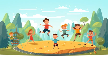 Generative AI Happiness, Childhood and Freedom, Concept. Happy Kids Jumping in Air. Schoolboys Rejoice for Summer Holidays or Vacation Start. Young People Movement, Youth. Cartoon Flat Vector Illustration, Line Artの素材