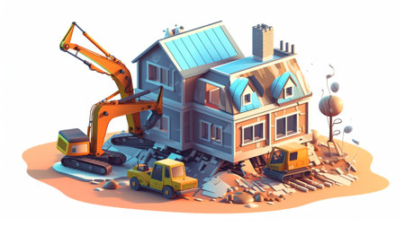 Generative AI Construction and Building Materials Isolated Icons. Concrete Mixer, Pile of Cement, Trolley With Sand and Gravel. Shovel, Stones, Bricks, Beams and Pipes with Roof Tiling. Cartoon Vector Illustrationの素材