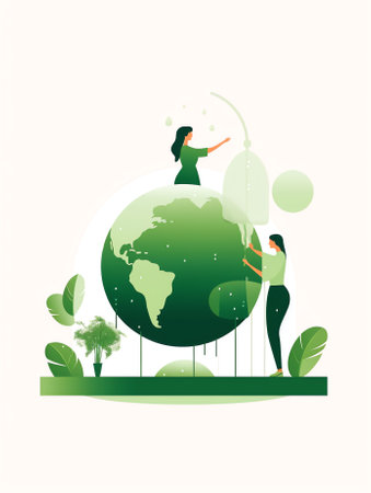 Generative AI Woman Stand on Earth Globe with Laptop Analysing Worldwide Situation and Reading News of Global Warming and Nature Pollution Problems. Volunteer Care of Environment. Cartoon Flat Vector Illustrationの素材