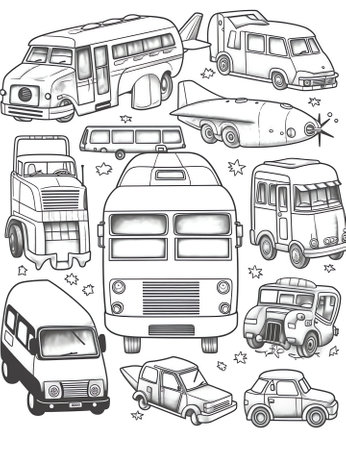 Generative AI Children Transport Doodle with Bicycle, Bus and Airplane. Childhood Stickers, Badges and Patches. Vector illustrationの素材