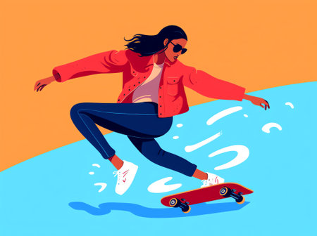 Generative AI Male and Female Skateboard Characters. Stylish Skating Teenagers Making Stunts and Tricks, Jumping on High Speed on Boards. Extreme Summertime Activity, Skateboarding. Cartoon Flat Vector Illustrationの素材